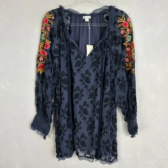 Sundance size XXL Gemma Elegance top long sleeve embroidered navy boho NEW - Picture 11 of 16